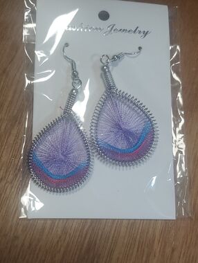 Fashion Jewelry Lavender Teardrop Thread Earrings with Blue and Pink Accents BD